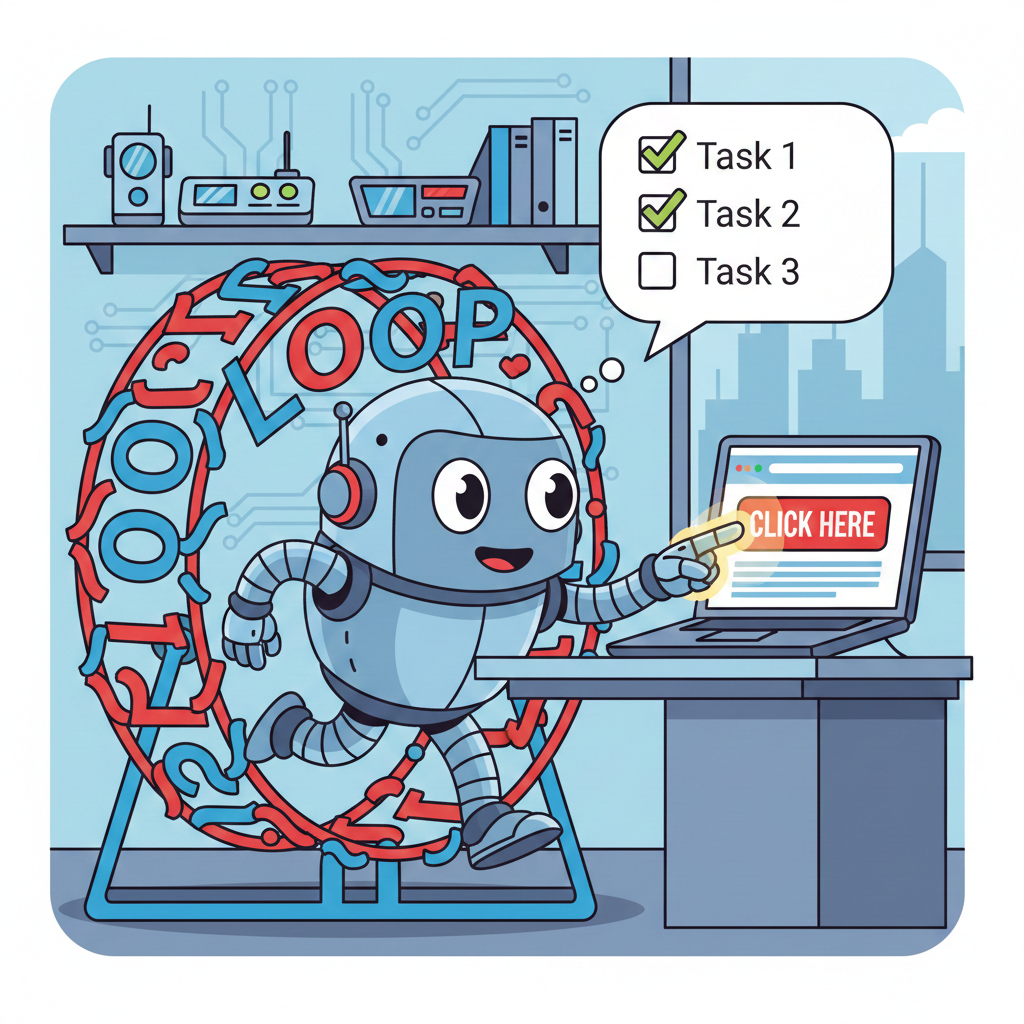 A robot running in a loop, checking off tasks and clicking buttons