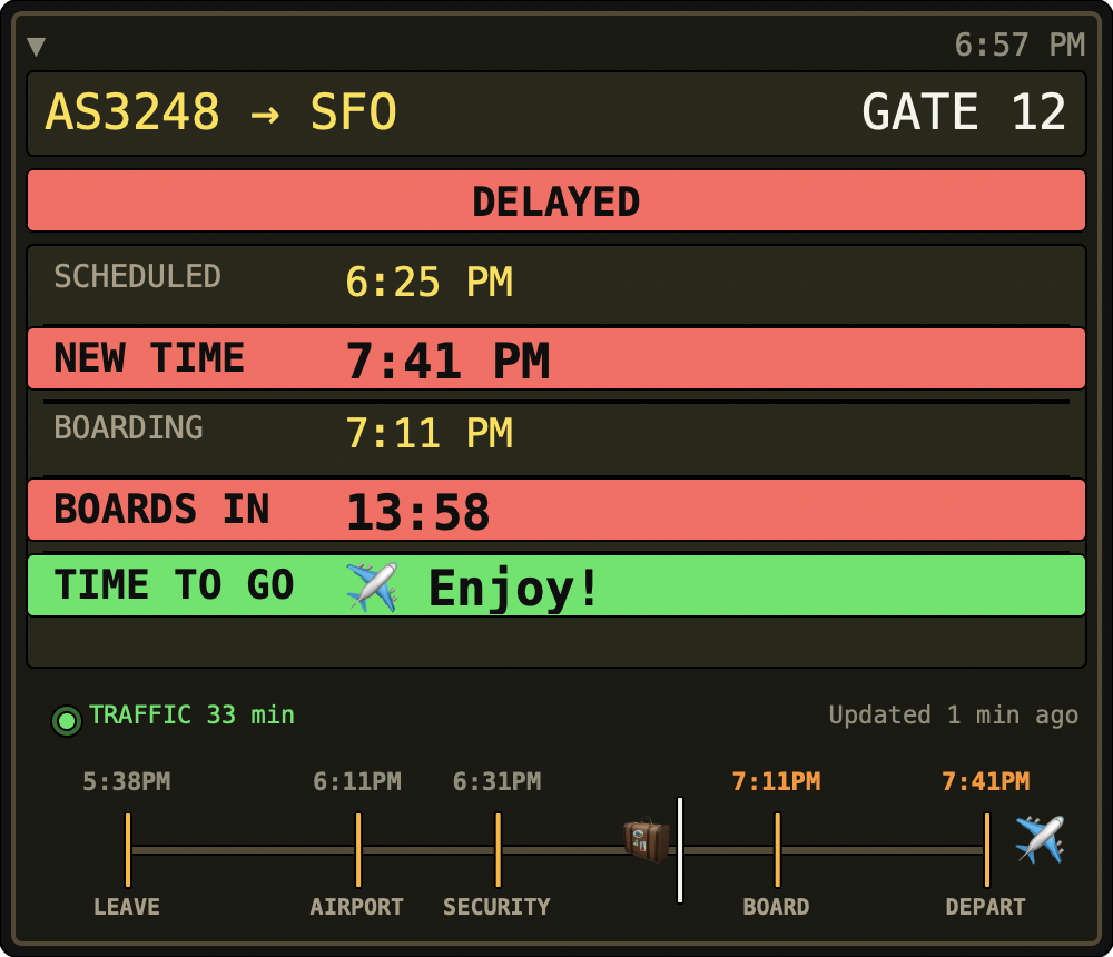 Flight tracker widget showing AS3248 to SFO with journey timeline