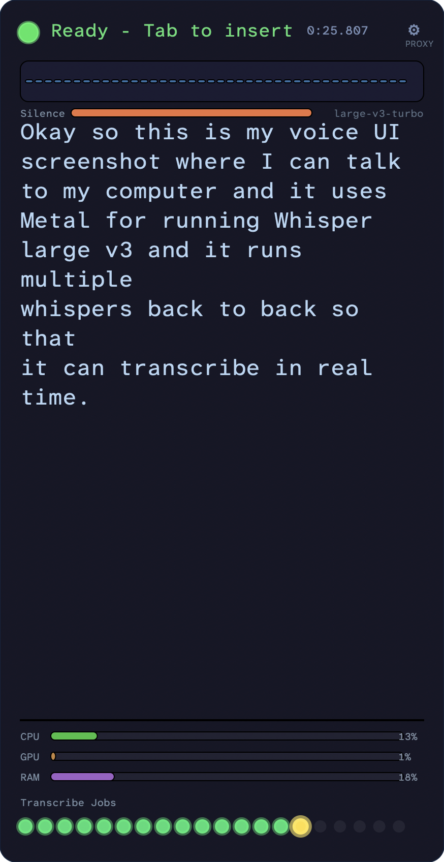 Voice UI overlay showing waveform and silence detection